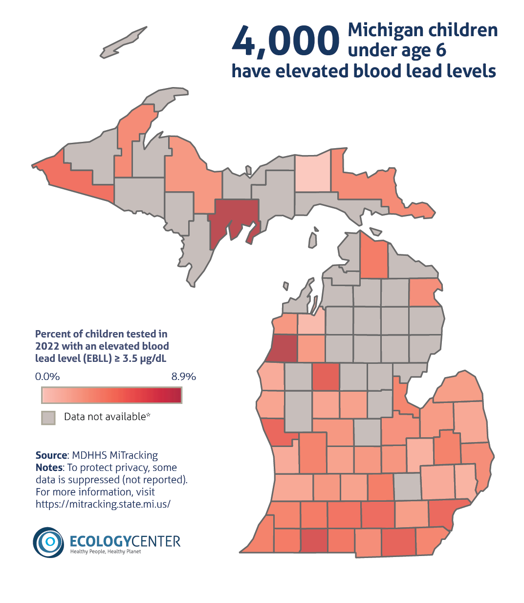 Map of Michigan showing the prevalence of lead poisoning